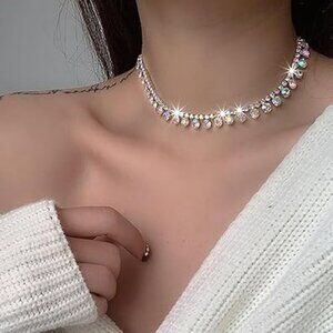 Rhinestone Choker Necklace Jewelry Silver Bling Beautiful Eye Catching Piece